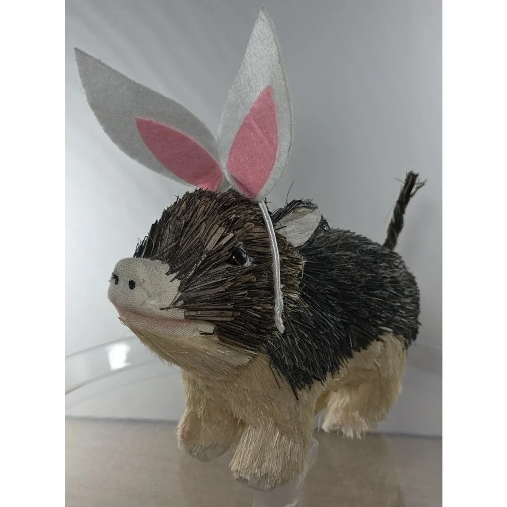 Easter Brown White Wood Bristle Pig with Rabbit Bunny‎ Ears 5 x 7 x 3